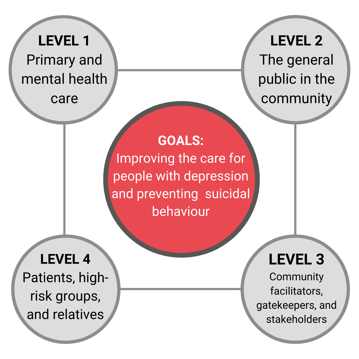 A graphic featuring the 4 levels of EAAD intervention represented by grey circles positioned at the corners of a square, with the main goals centered in the middle.
