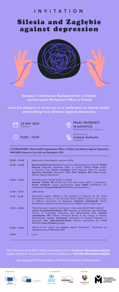Purple poster about the "Silesia and Zaglebie Against Depression' Conference with program and cardinal informations.